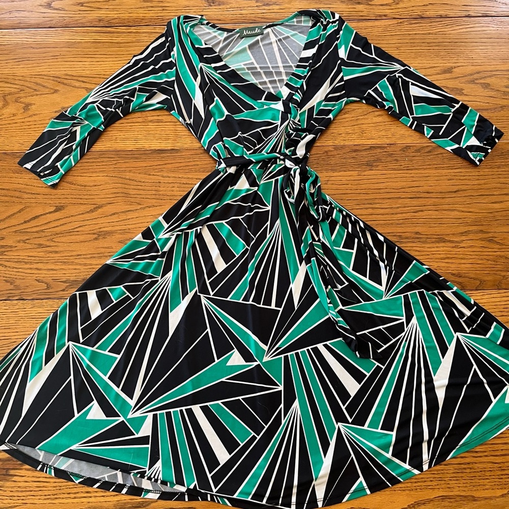 Geometric Black, White and Green Midi Faux Wrap Dress, Size Medium